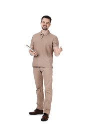 Photo of Professional psychologist with notebook on white background
