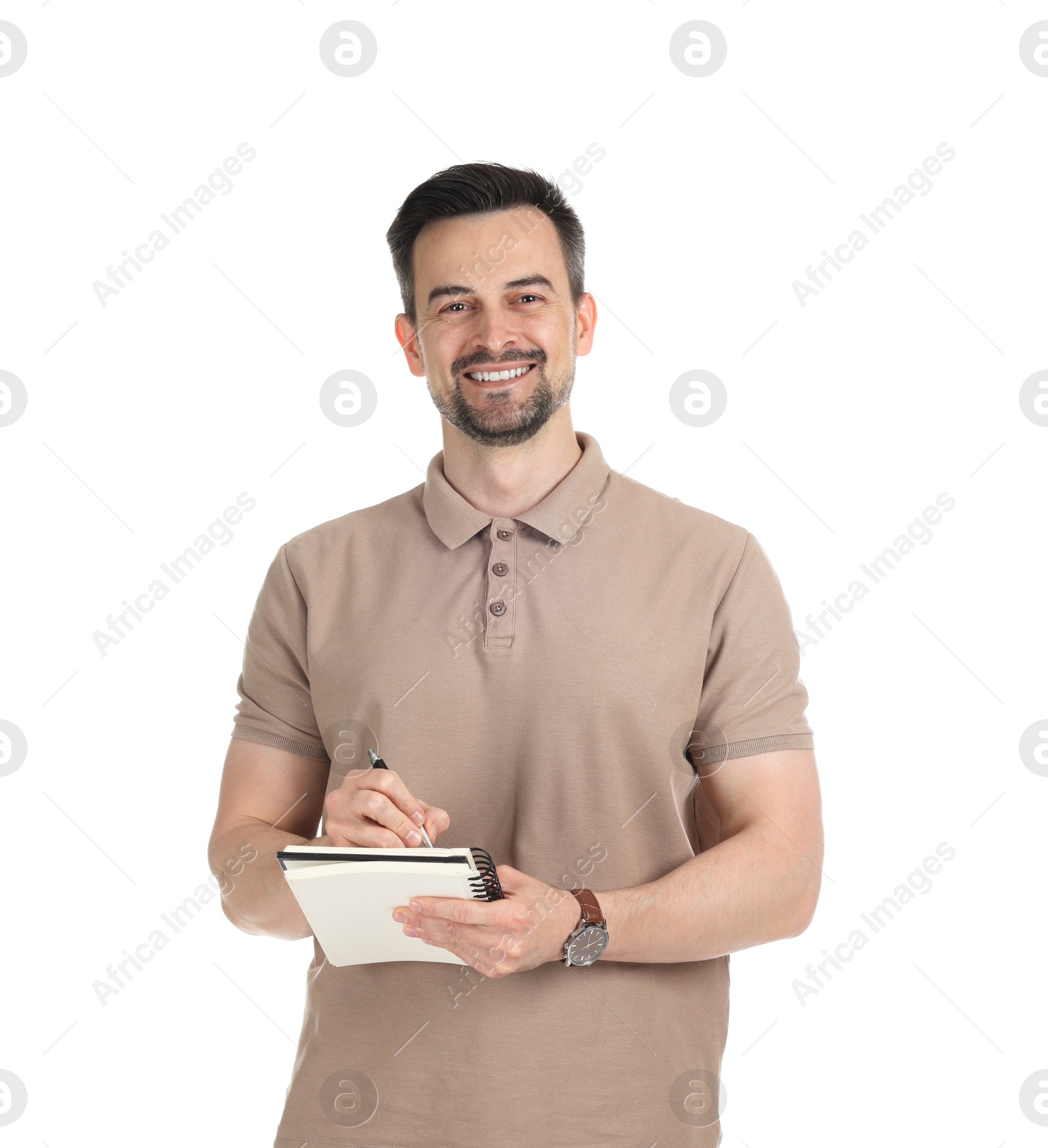 Professional psychologist with notebook on white background Photo of Professional psychologist with notebook on white background