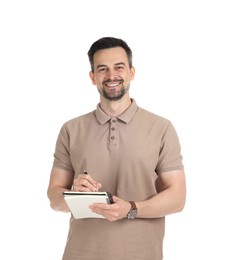 Photo of Professional psychologist with notebook on white background