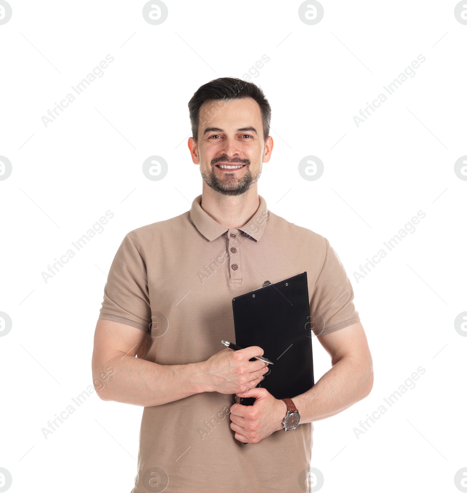 Photo of Professional psychologist with clipboard on white background