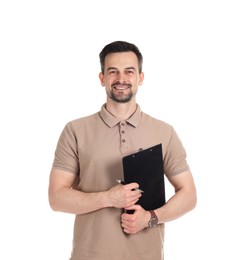 Photo of Professional psychologist with clipboard on white background