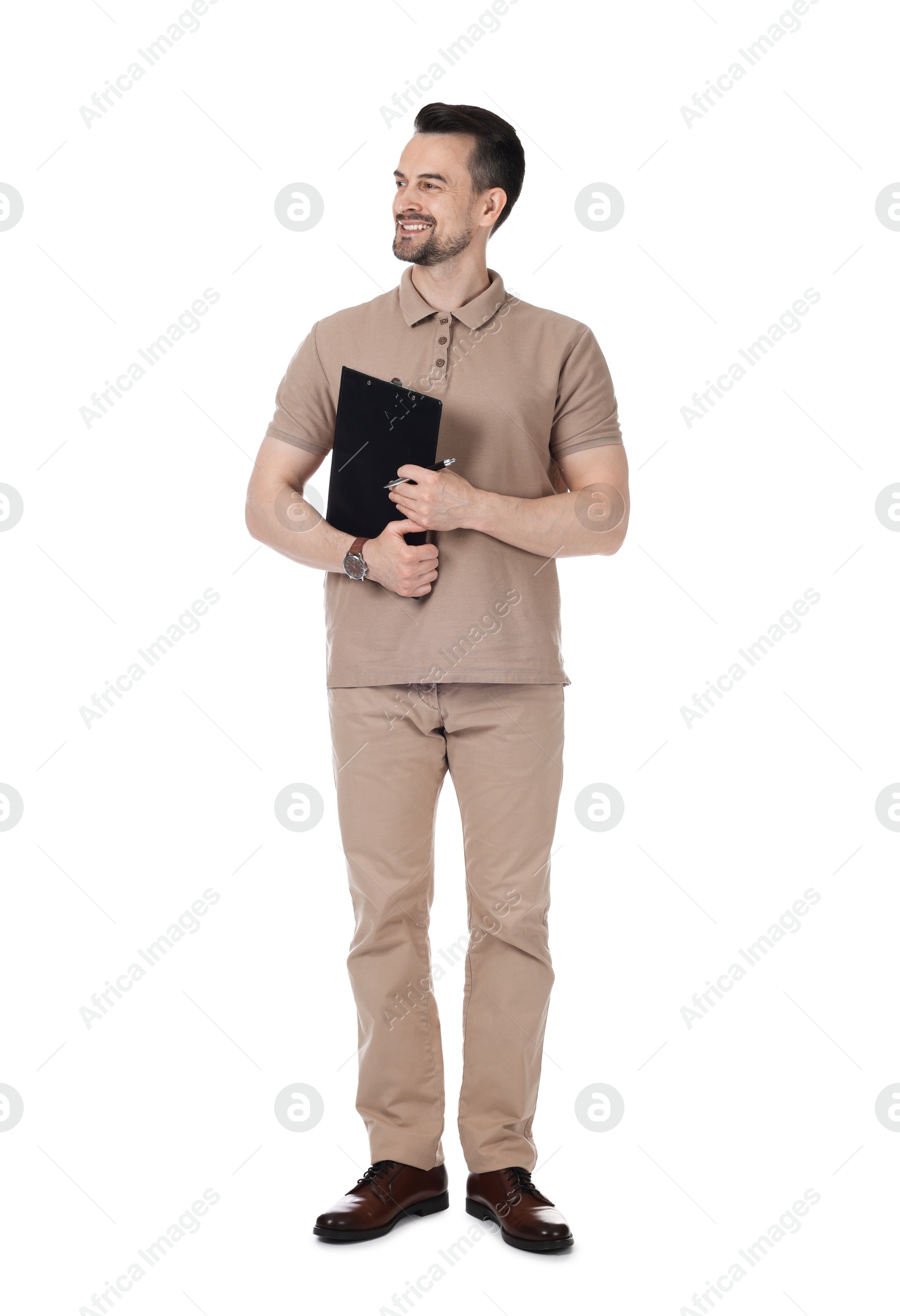 Photo of Professional psychologist with clipboard on white background