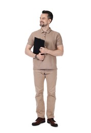 Photo of Professional psychologist with clipboard on white background