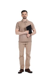 Photo of Professional psychologist with clipboard on white background