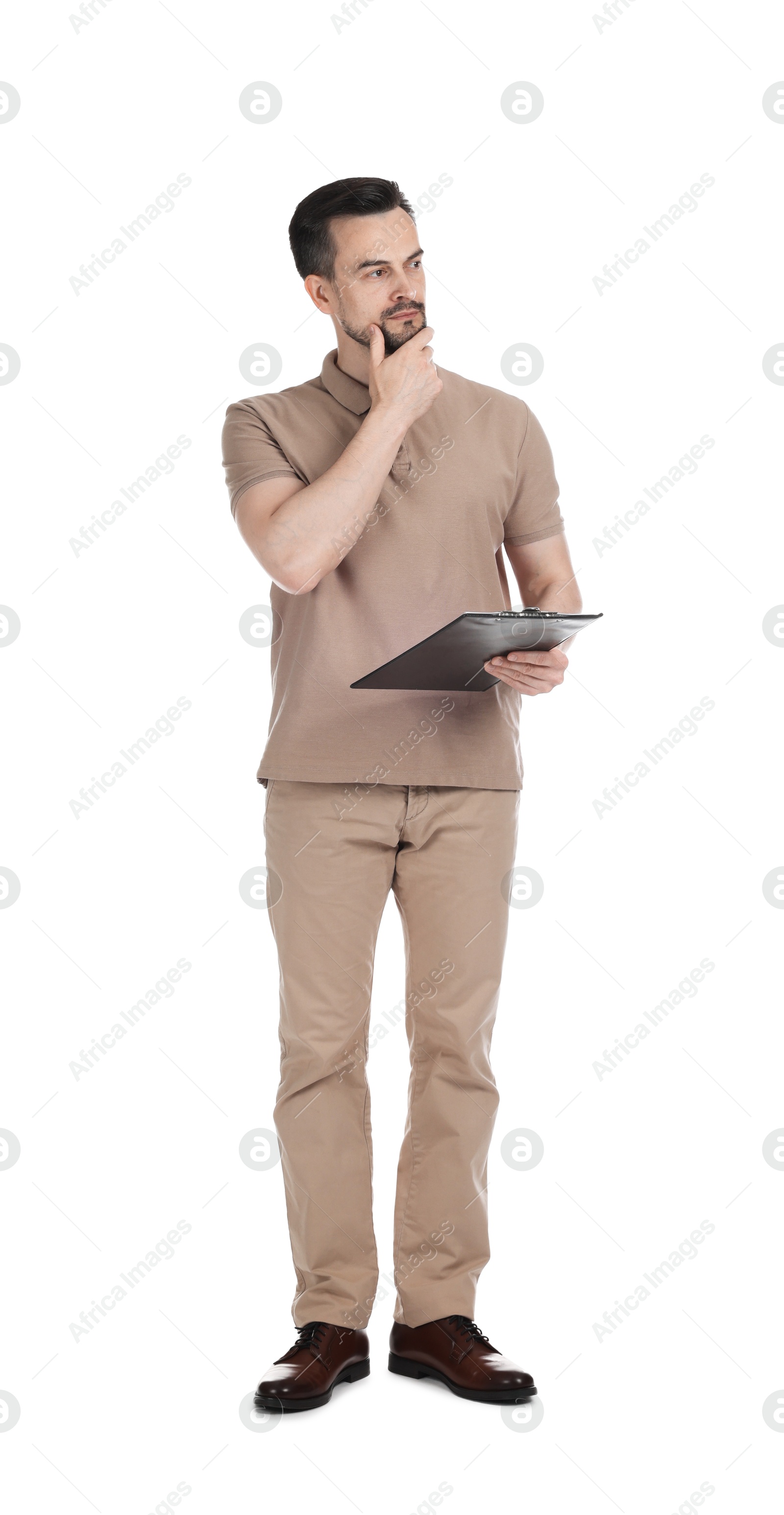 Photo of Professional psychologist with clipboard on white background