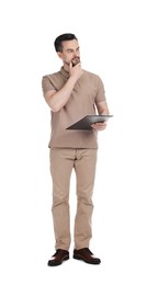 Photo of Professional psychologist with clipboard on white background