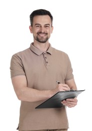 Photo of Professional psychologist with clipboard on white background