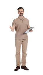 Photo of Professional psychologist with clipboard on white background