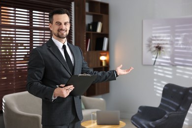 Photo of Professional psychologist with clipboard inviting to his office. Space for text