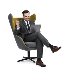 Photo of Professional psychologist having online consultation with his client via laptop on white background