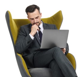 Photo of Professional psychologist having online consultation with his client via laptop on white background