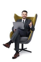 Photo of Professional psychologist having online consultation with his client via laptop on white background