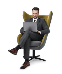 Photo of Professional psychologist having online consultation with his client via laptop on white background