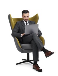 Photo of Professional psychologist having online consultation with his client via laptop on white background
