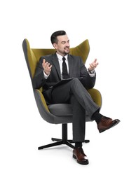 Photo of Professional psychologist with clipboard in armchair on white background