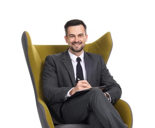 Photo of Professional psychologist with clipboard in armchair on white background