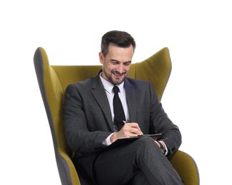 Photo of Professional psychologist with clipboard in armchair on white background
