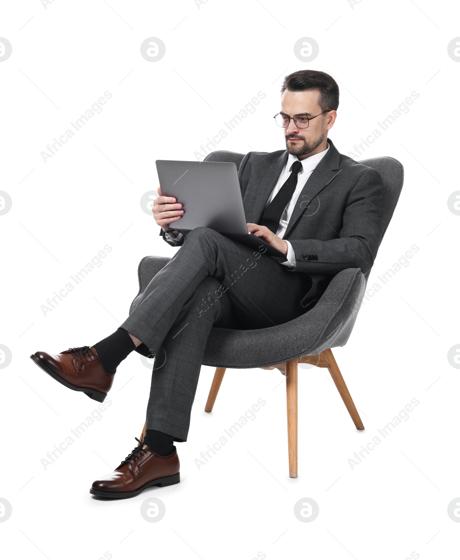 Professional psychologist having online consultation with his client via laptop on white background Photo of Professional psychologist having online consultation with his client via laptop on white background
