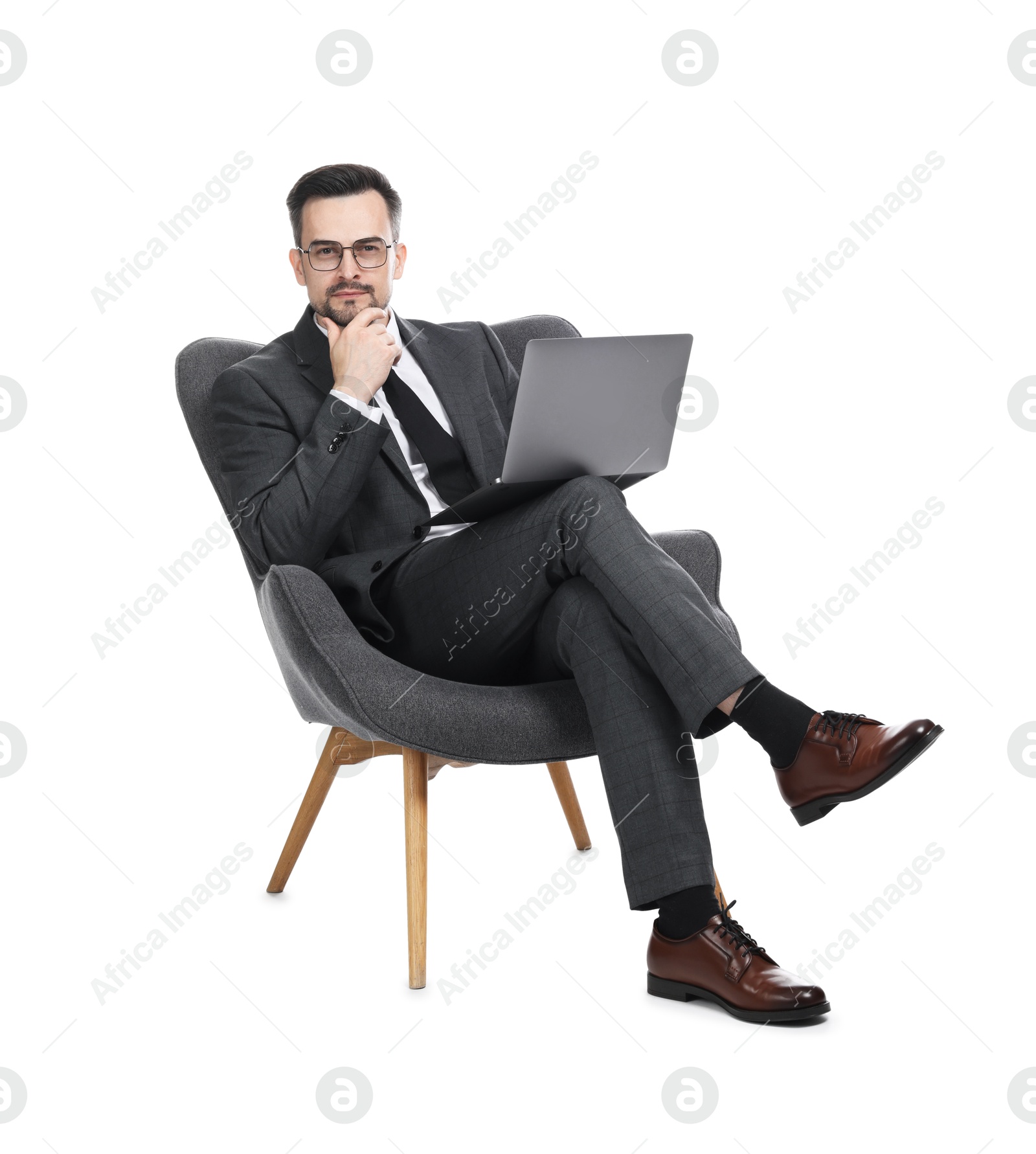Professional psychologist having online consultation with his client via laptop on white background Photo of Professional psychologist having online consultation with his client via laptop on white background