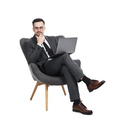 Photo of Professional psychologist having online consultation with his client via laptop on white background