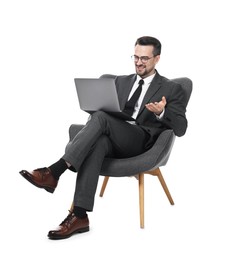 Photo of Professional psychologist having online consultation with his client via laptop on white background
