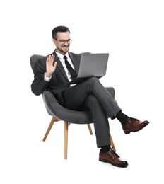 Photo of Professional psychologist having online consultation with his client via laptop on white background