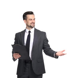 Photo of Professional psychologist with clipboard on white background
