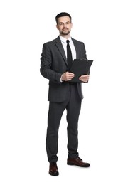 Photo of Professional psychologist with clipboard on white background