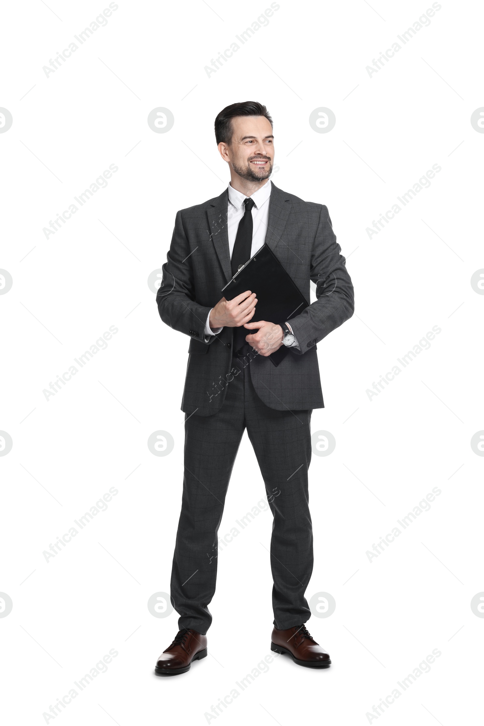Photo of Professional psychologist with clipboard on white background