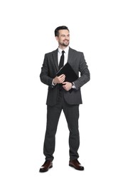 Photo of Professional psychologist with clipboard on white background