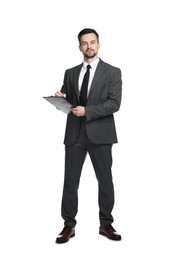 Photo of Professional psychologist with clipboard on white background