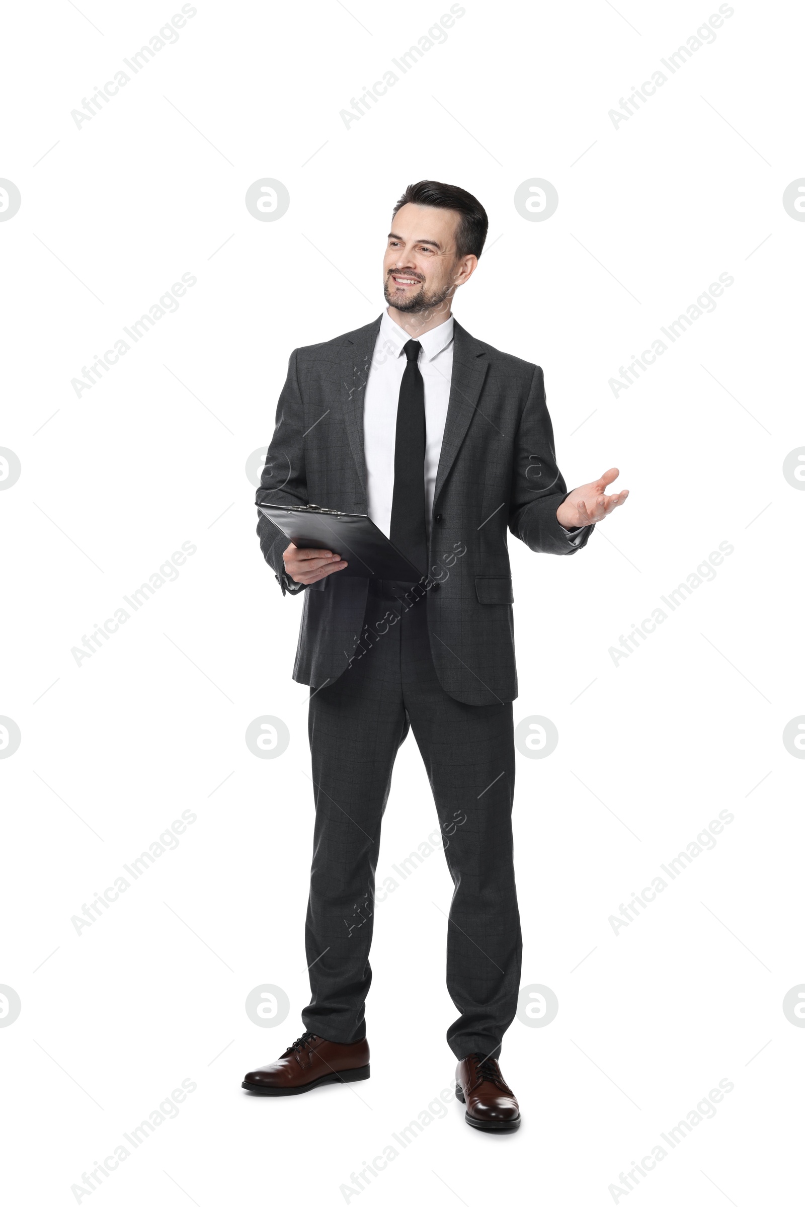 Photo of Professional psychologist with clipboard on white background