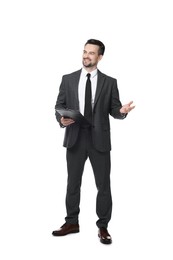 Photo of Professional psychologist with clipboard on white background