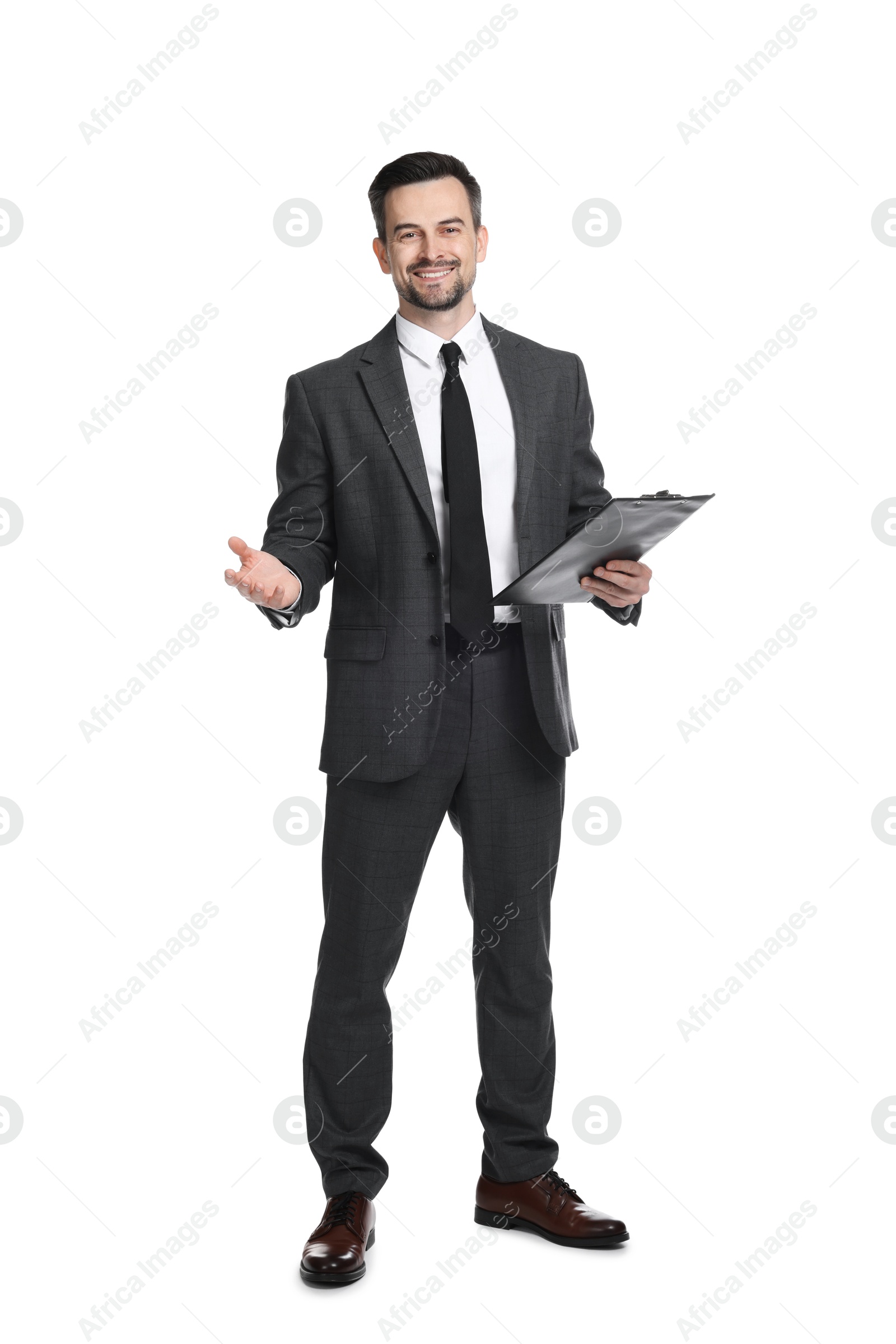 Photo of Professional psychologist with clipboard on white background