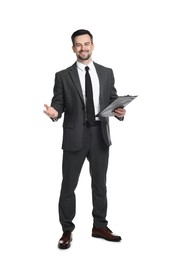 Photo of Professional psychologist with clipboard on white background