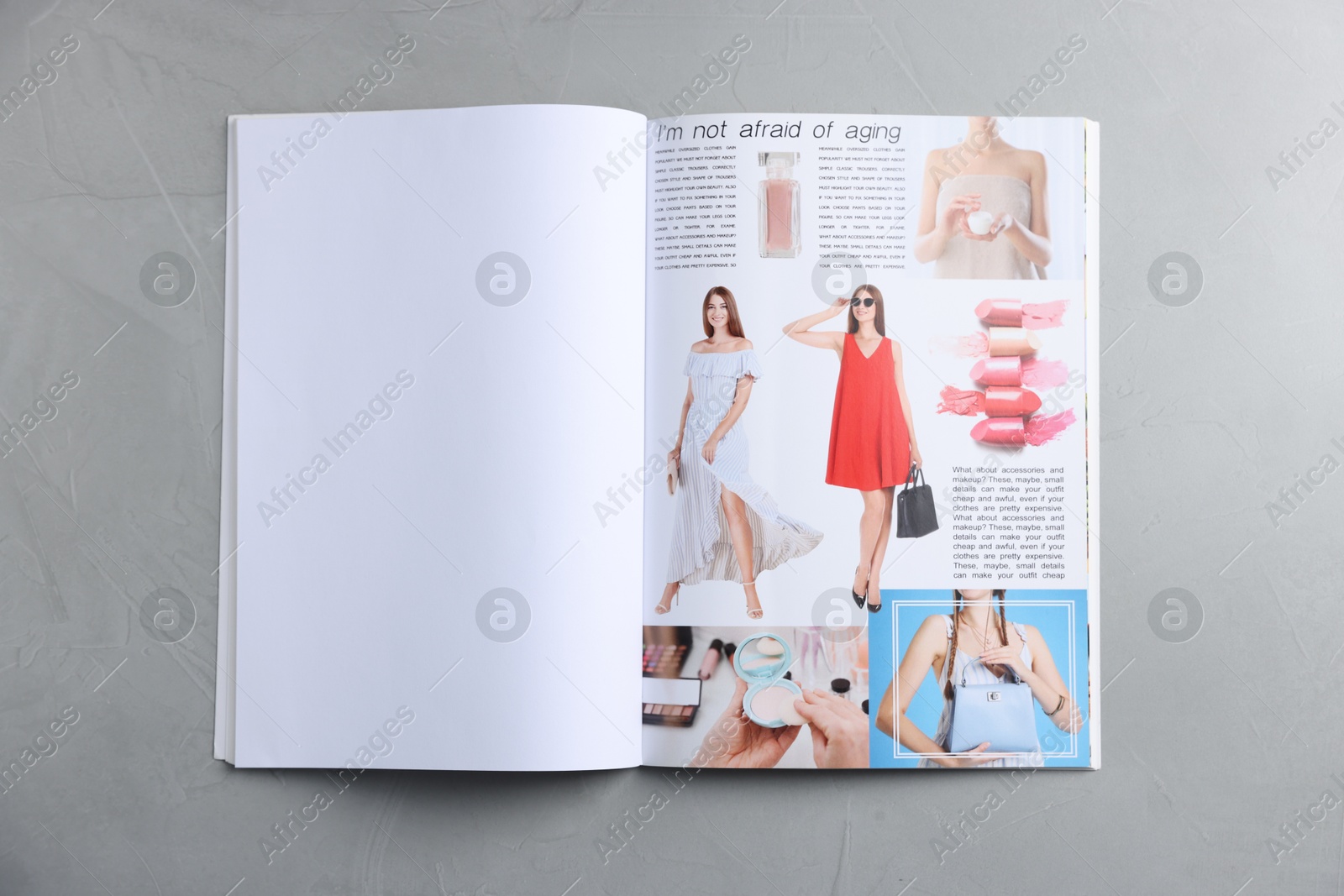 Open magazine on light grey table, top view. Mockup for design Photo of Open magazine on light grey table, top view. Mockup for design