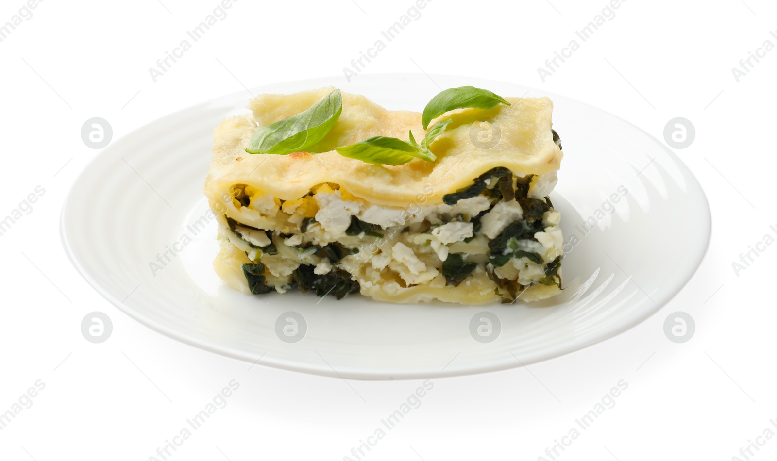 Photo of Piece of tasty vegetarian lasagna isolated on white