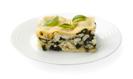 Photo of Piece of tasty vegetarian lasagna isolated on white
