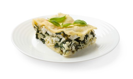 Photo of Piece of tasty vegetarian lasagna isolated on white