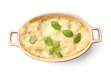 Photo of Tasty vegetarian lasagna in baking dish isolated on white, top view