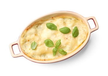 Photo of Tasty vegetarian lasagna in baking dish isolated on white, top view