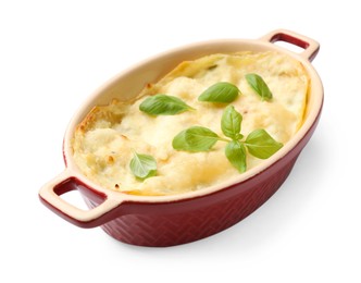 Photo of Tasty vegetarian lasagna in baking dish isolated on white