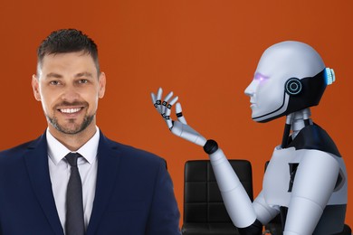 Image of Robot recruiter and human candidate on dark orange background. Artificial intelligence in human resources management