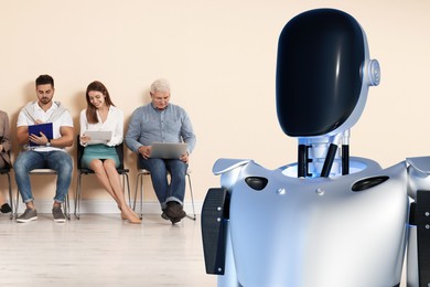 Image of Robot recruiter and human candidates in room. Artificial intelligence in human resources management