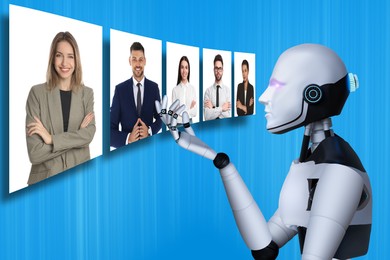 Image of Robot recruiter choosing human candidate on virtual screen against light blue background. Artificial intelligence in human resources management