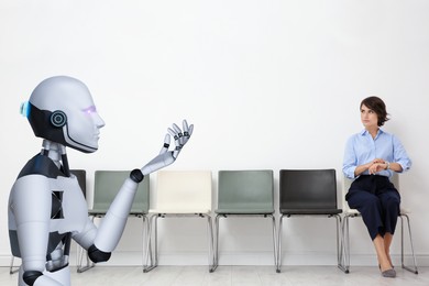 Image of Robot recruiter and human candidate in room. Artificial intelligence in human resources management