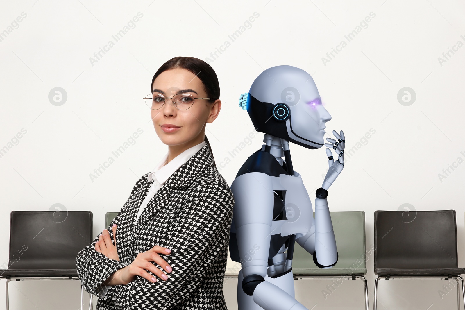 Robot and human recruiters in office with chairs. Artificial intelligence in human resources management Image of Robot and human recruiters in office with chairs. Artificial intelligence in human resources management