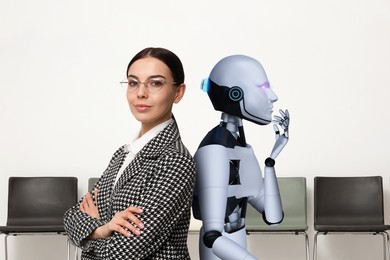 Image of Robot and human recruiters in office with chairs. Artificial intelligence in human resources management