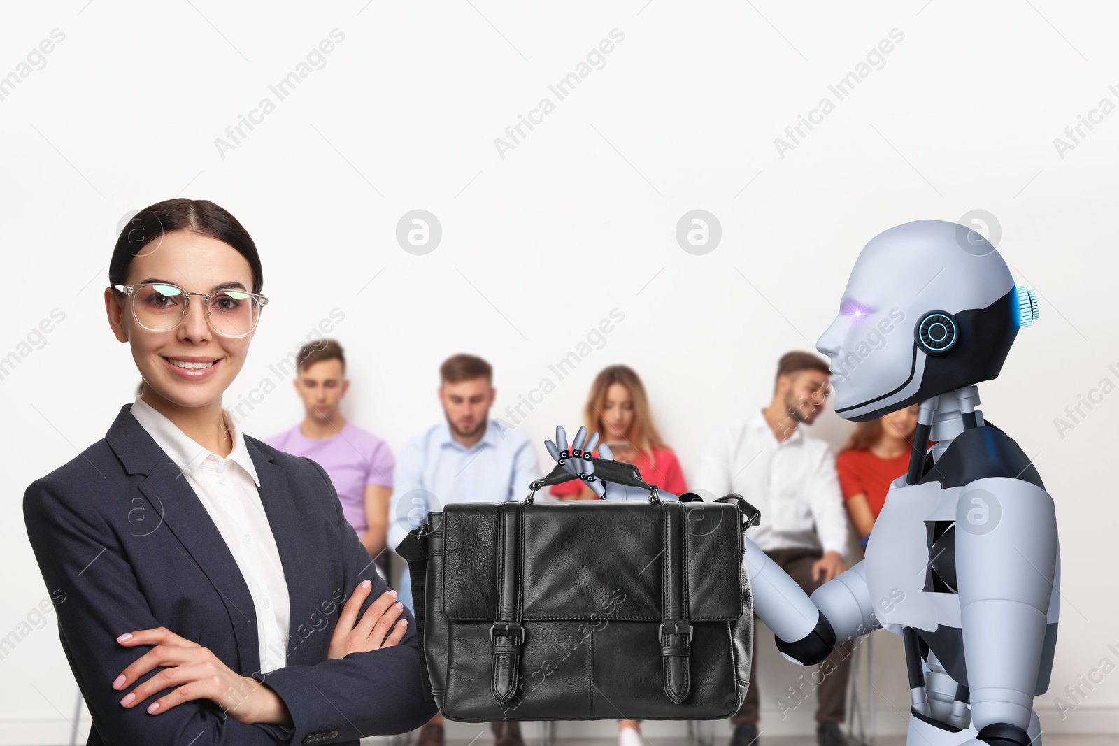 Robot recruiter giving bag to candidate in room. Artificial intelligence in human resources management Image of Robot recruiter giving bag to candidate in room. Artificial intelligence in human resources management
