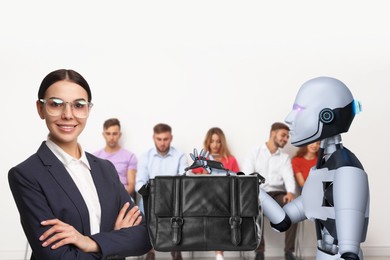 Image of Robot recruiter giving bag to candidate in room. Artificial intelligence in human resources management